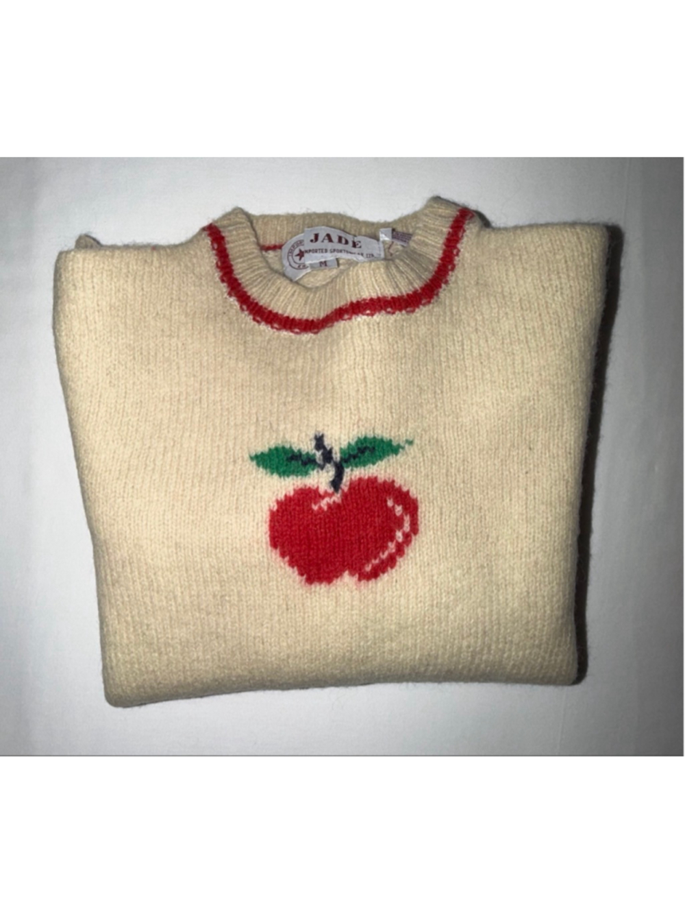 Jade Youth Girl Wool Shetland Apple Sweater Cream Cottagecore Retro VTG Novelty - Picture 9 of 9